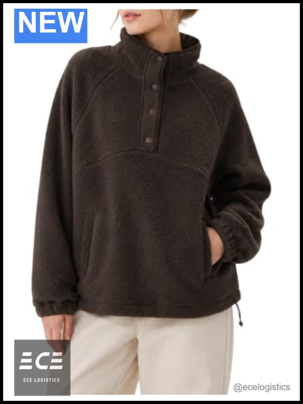 Sherpa Fleece Snap Collar Pullover Sweatshirt with Pockets